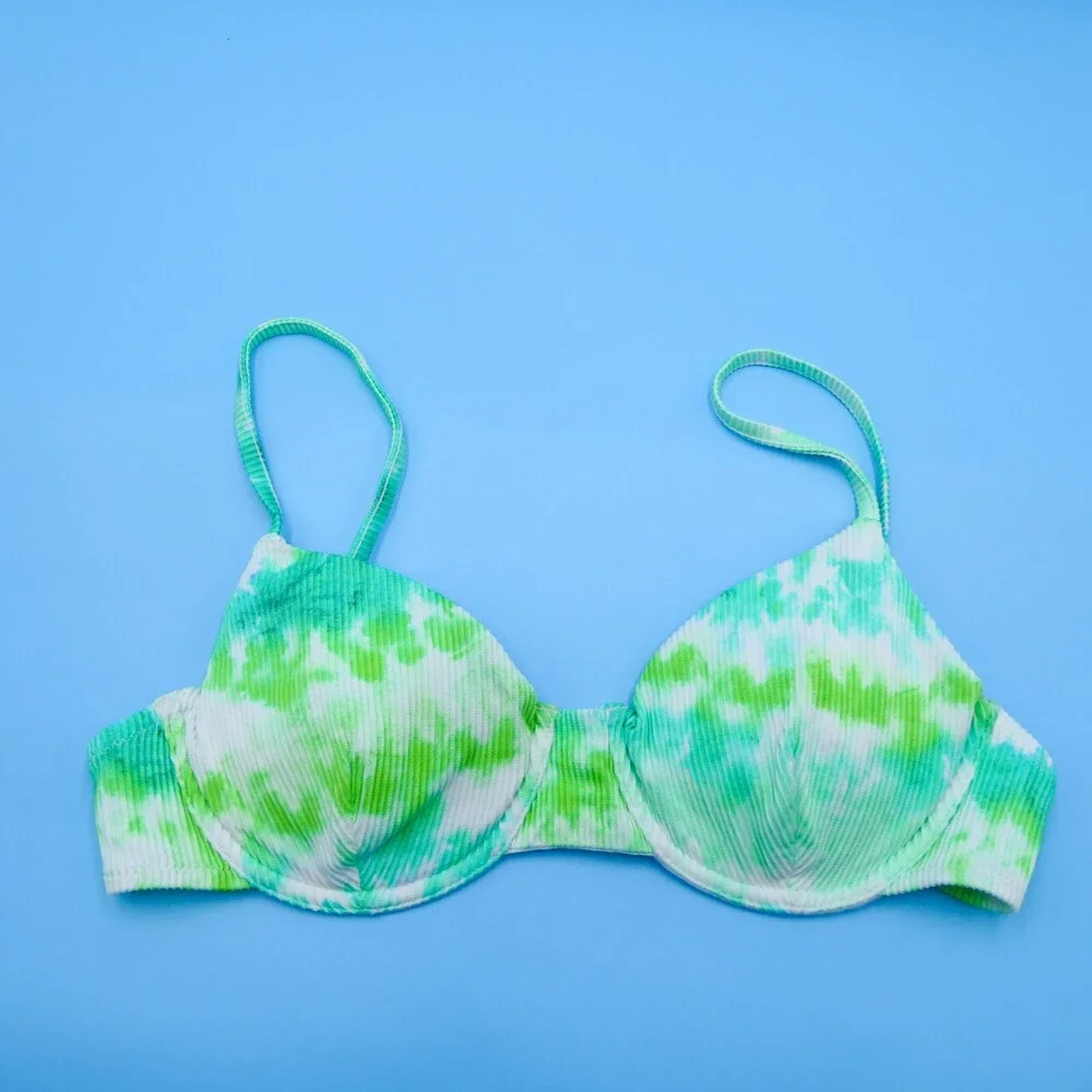 Victorias Secret Green Tie Dye Ribbed Large Underwired‎ Padded Bikini Top VS New